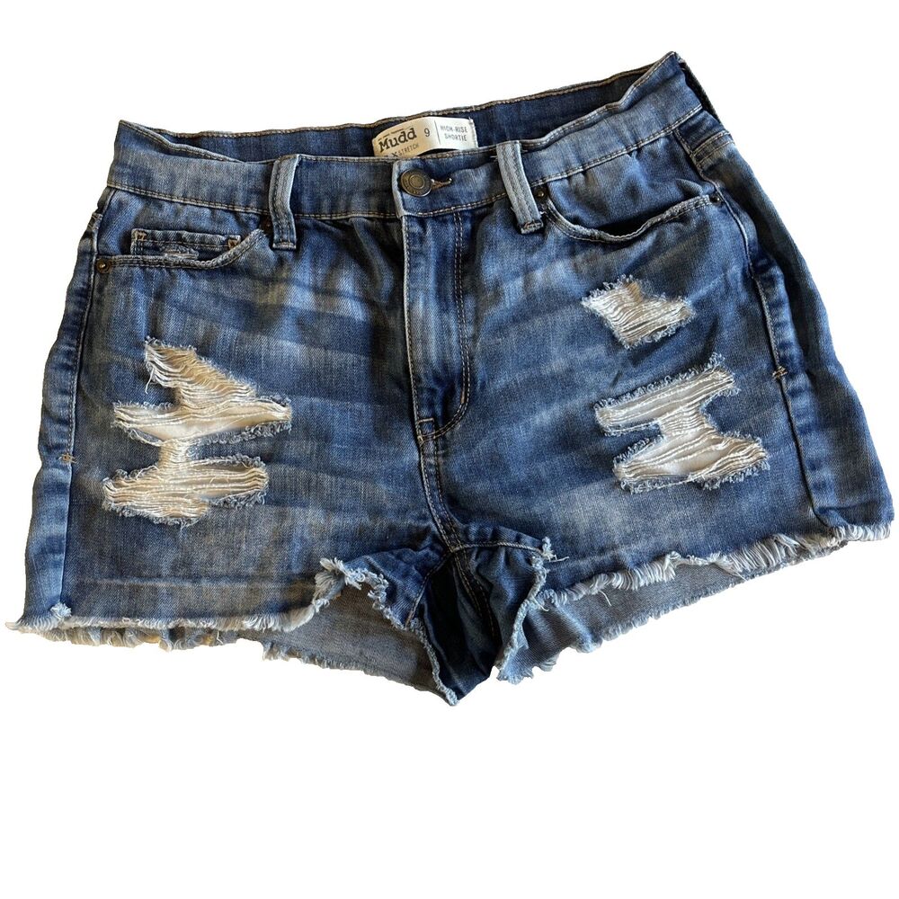 Mudd Jorts Womens 9 Blue Jean Shortie FLX Distressed Cotton Denim Raw Hem Beach